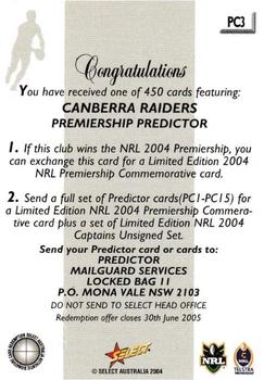 2004 Select Authentic - Premiership Predictors #PC3 Canberra Raiders Back